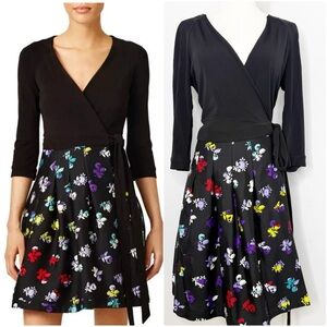 Diane von Furstenberg Jewel Black Floral Wrap Dress Wool Silk Size 10